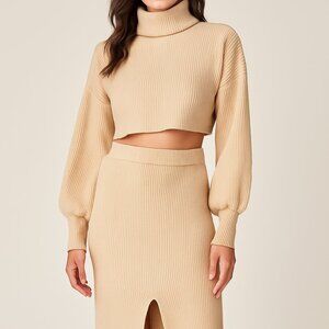 Moodie Beige Ribbed Knit Sweater Set Turtleneck Crop Top & Skirt Size Medium